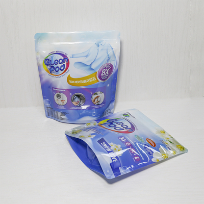 Glossy Surface Stand Up Pouches For Laundry Pods Packaging Customizable With High-Definition Flexogravure And Digital Printing.