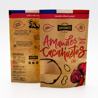 Recyclable And Biodegradable Kraft Paper Bags For Food Packaging With Transparent Windows And Customizable Printing Patterns.